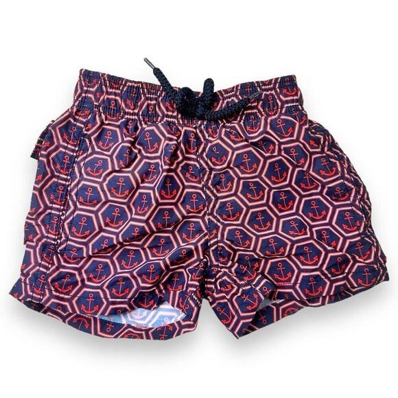 Vilebrequin Moorea Anchor Swim Trunks Boys Size 2 Red Navy Blue Anchor Print - Picture 7 of 7